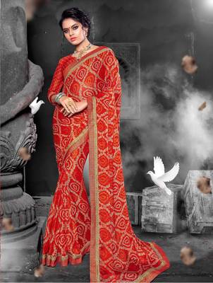 Red woven chiffon saree with blouse 1