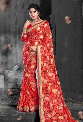 Red woven chiffon saree with blouse 1