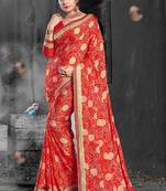 Red woven chiffon saree with blouse