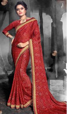 Dark red woven chiffon saree with blouse 1