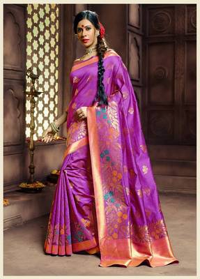 Purple woven Banarasi silk blend saree with blouse 1