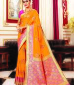 Yellow woven Banarasi silk blend saree with blouse