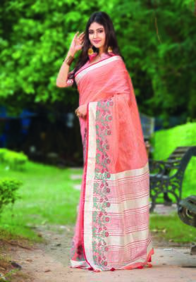 Orange embroidered linen saree with blouse 1