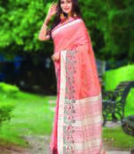 Orange embroidered linen saree with blouse