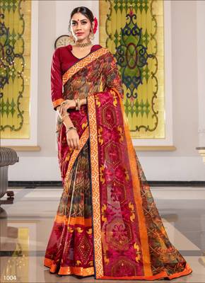 Rani pink embroidered cotton silk saree with blouse 1
