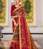 Rani pink embroidered cotton silk saree with blouse