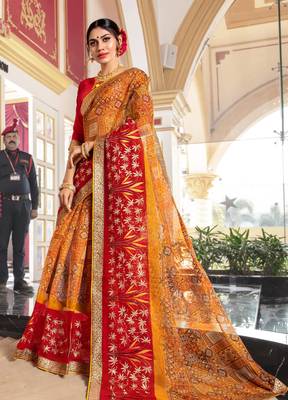 Yellow Embroidered Cotton Silk Saree With Blouse 1