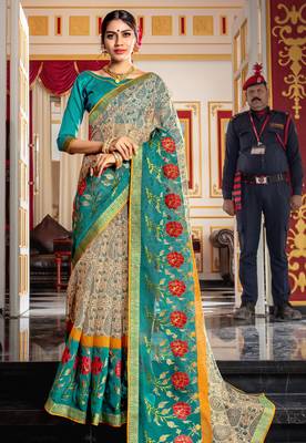 Turquoise Embroidered Cotton Silk Saree With Blouse 1