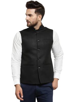  Solid Designer Black Nehru Jacket For Men 1