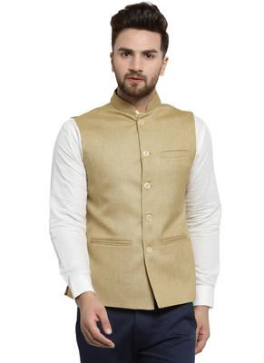  Solid Designer Beige Nehru Jacket For Men  1