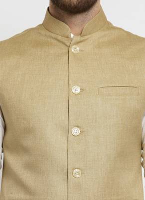  Solid Designer Beige Nehru Jacket For Men  2