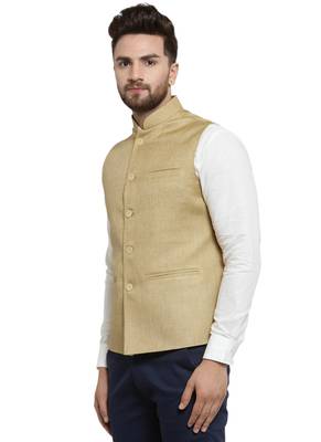  Solid Designer Beige Nehru Jacket For Men  3