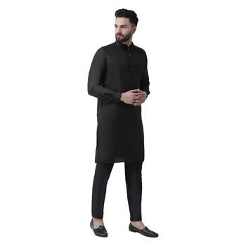 Black Plain Pure Silk Men Kurtas 4