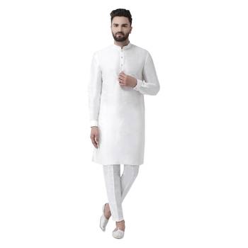 White Plain Dupion Silk Men Kurtas 1