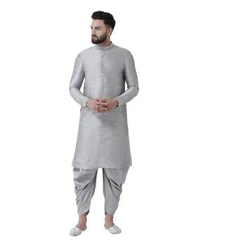 Silver Plain Dupion Silk Dhoti Kurta 1