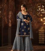 Navy Blue Embroidered Soft Net Plazo Salwar Suit Semi Stitched