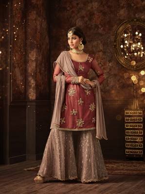 Lght Brown Embroidered Soft Net Plazo Salwar Suit Semi Stitched 1