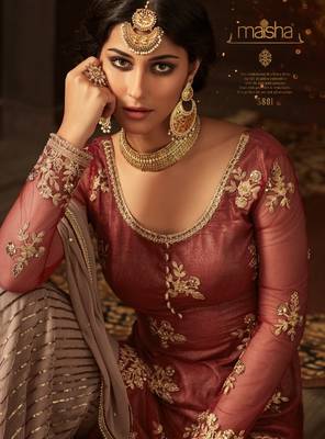 Lght Brown Embroidered Soft Net Plazo Salwar Suit Semi Stitched 2