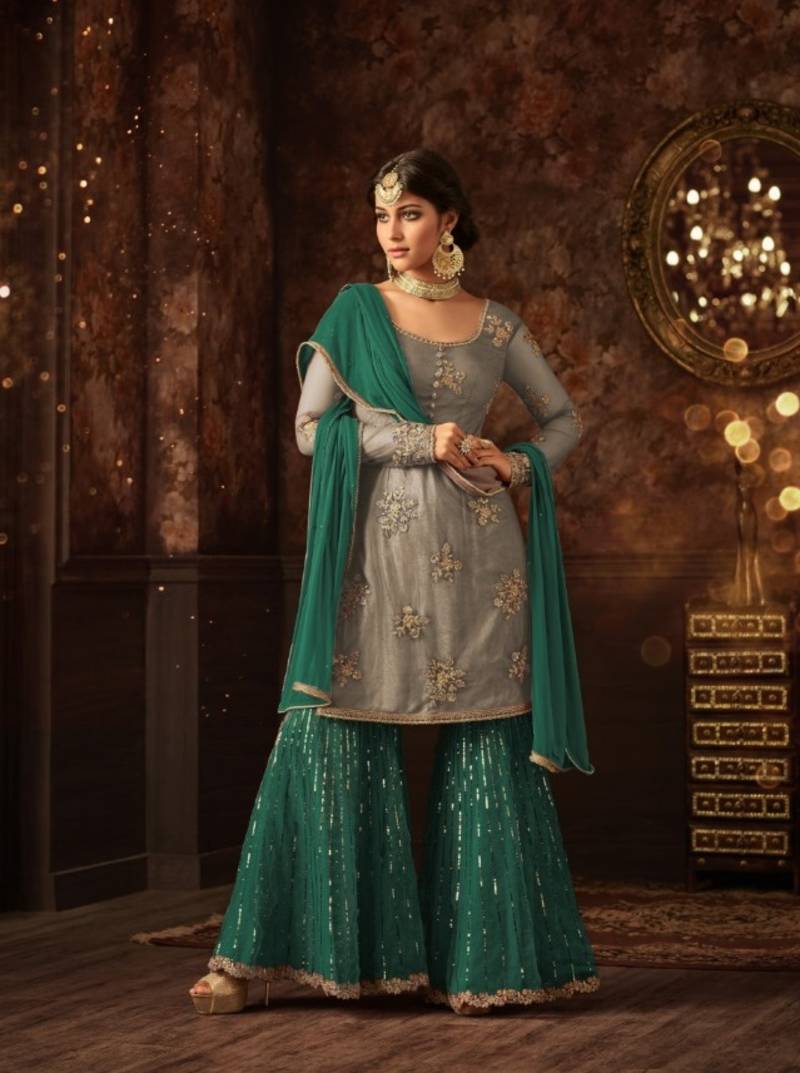 Gray Embroidered Soft Net Plazo Salwar Suit Semi Stitched Royal
