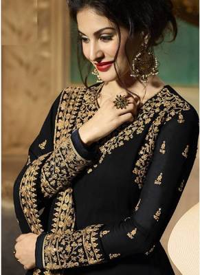 Black Embroidered Faux Georgette Salwar Semi Stitched 2