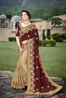Trendmalls Brown Silk Heavy Embroidery Work Bollywood Saree With Blouse 1