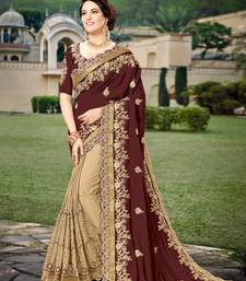 Trendmalls Brown Silk Heavy Embroidery Work Bollywood Saree With Blouse