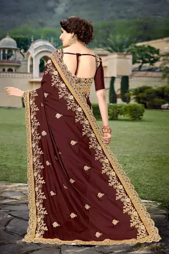 Trendmalls Brown Silk Heavy Embroidery Work Bollywood Saree With Blouse