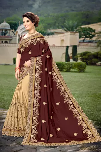 Trendmalls Brown Silk Heavy Embroidery Work Bollywood Saree With Blouse