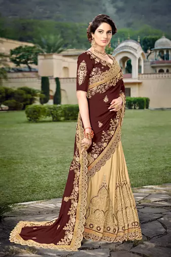 Trendmalls Brown Silk Heavy Embroidery Work Bollywood Saree With Blouse