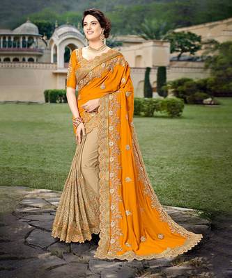 Trendmalls Orange Silk Blend Heavy Embroidery Work Saree With Blouse 1