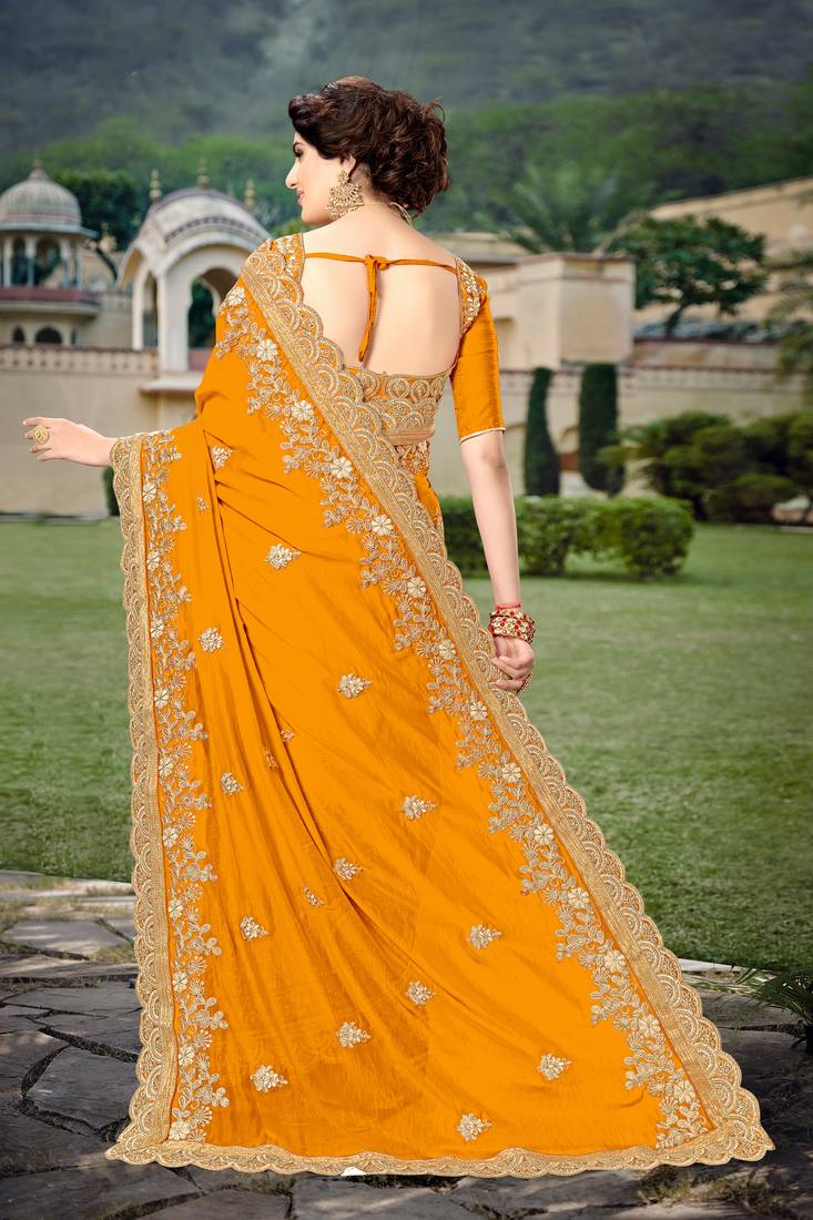Trendmalls Orange Silk Blend Heavy Embroidery Work Saree With Blouse