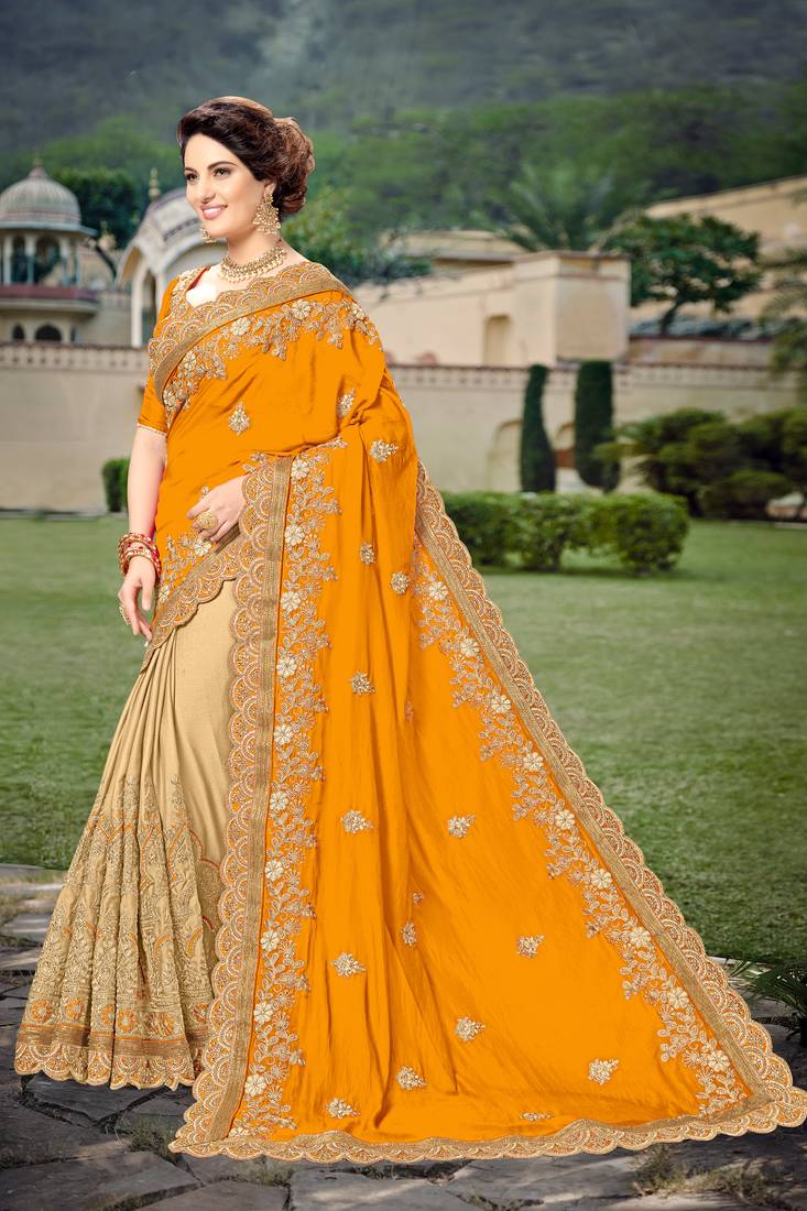 Trendmalls Orange Silk Blend Heavy Embroidery Work Saree With Blouse