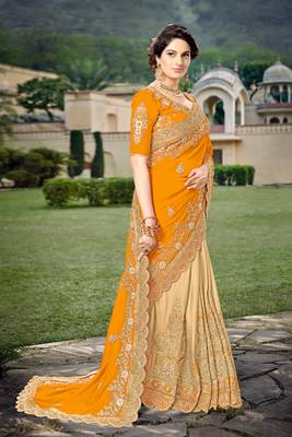 Trendmalls Orange Silk Blend Heavy Embroidery Work Saree With Blouse 4