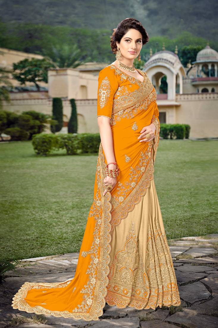 Trendmalls Orange Silk Blend Heavy Embroidery Work Saree With Blouse