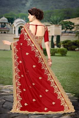 Trendmalls Red Silk Heavy Embroidery Work Bollywood Saree With Blouse 2