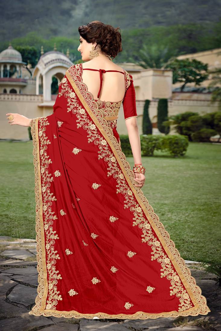 Red Silk Heavy Embroidery Work Bollywood Saree With Blouse