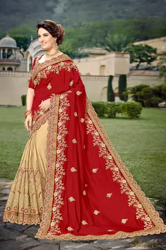 Trendmalls Red Silk Heavy Embroidery Work Bollywood Saree With Blouse
