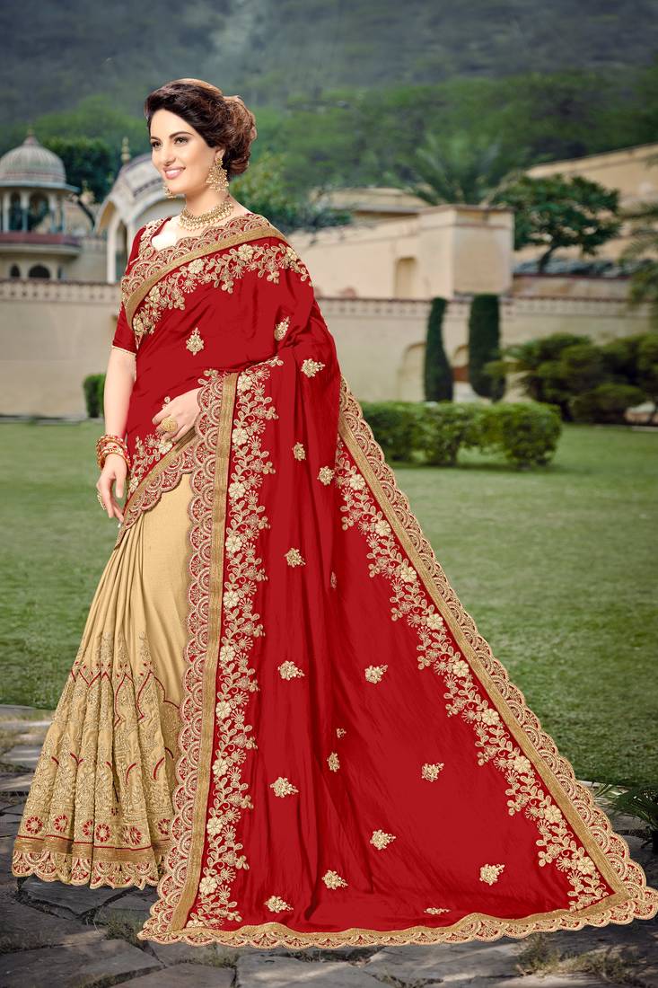 Red Silk Heavy Embroidery Work Bollywood Saree With Blouse