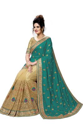 Green embroidered silk saree with blouse 5