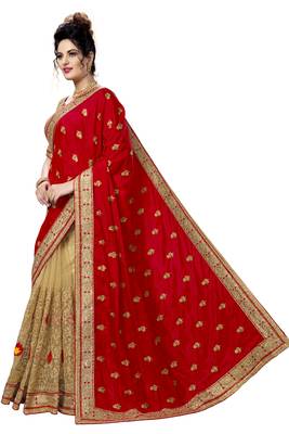 Red embroidered silk saree with blouse 3