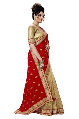 Red embroidered silk saree with blouse 4