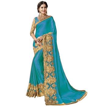 Green embroidered lycra saree with blouse 1