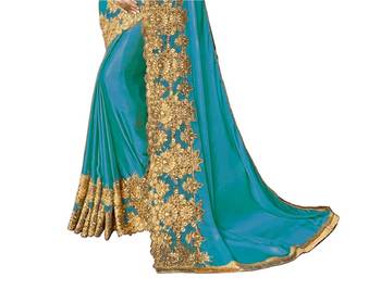 Green embroidered lycra saree with blouse 4
