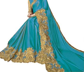 Green embroidered lycra saree with blouse 5