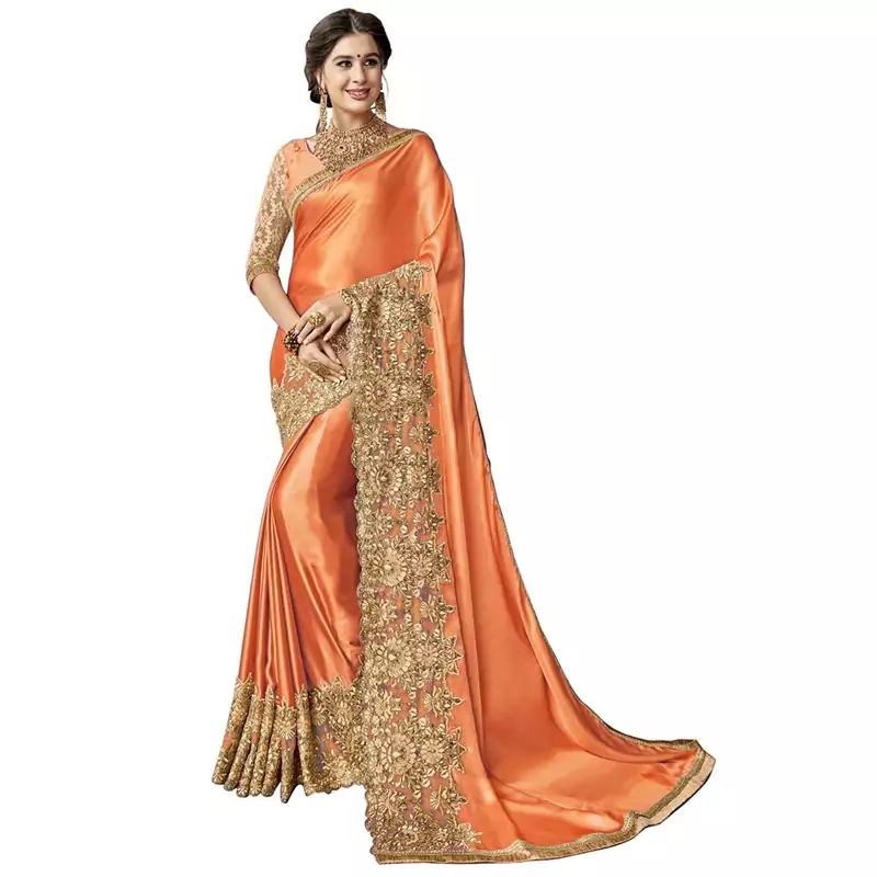 Orange embroidered lycra saree with blouse