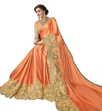Orange embroidered lycra saree with blouse 2