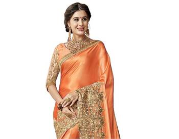 Orange embroidered lycra saree with blouse 3