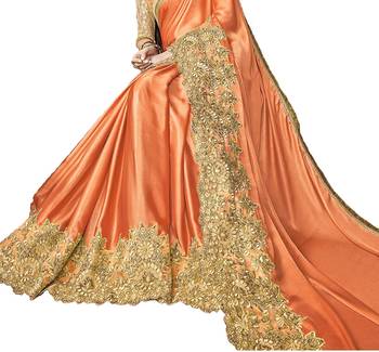 Orange embroidered lycra saree with blouse 5