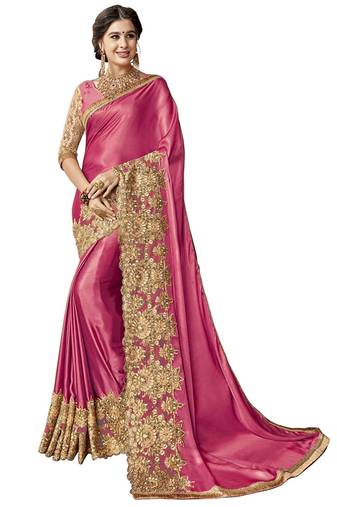 Pink embroidered lycra saree with blouse