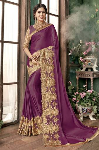Trendmalls Purple  Shiny Lycra Silk Embroidery Traditional Indian Wedding Bridal Saree With Blouse  